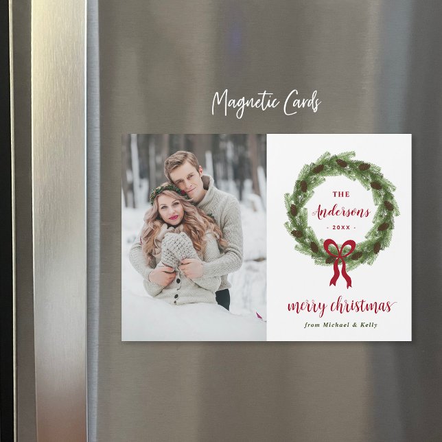 Pine Wreath Merry Christmas Magnetic Photo Card (Creator Uploaded)