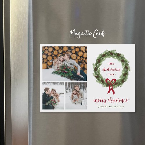 Pine Wreath Merry Christmas Magnetic Photo Card