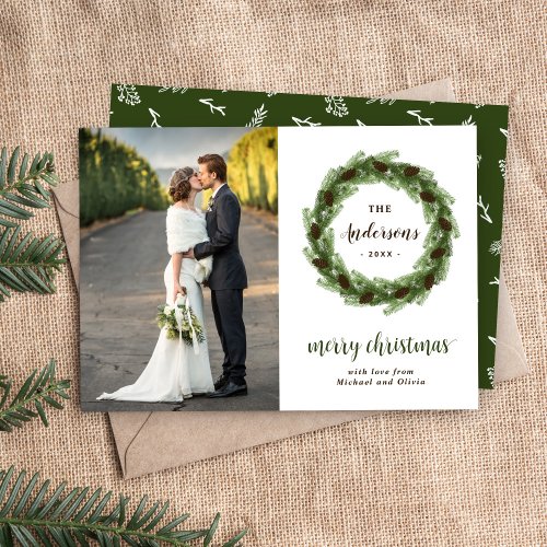 Pine Wreath Merry Christmas Photo Holiday Card