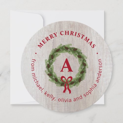 Pine Wreath Merry Christmas Round Photo Holiday Card