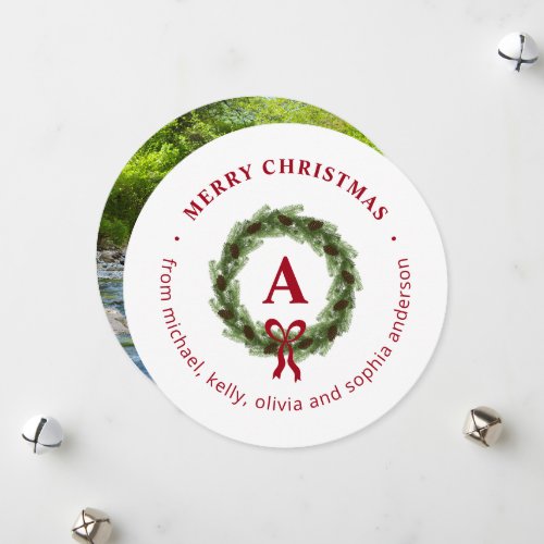 Pine Wreath Merry Christmas Round Photo Holiday Card