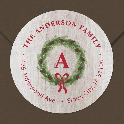 Pine Wreath Monogram Holiday Return Address Classic Round Sticker