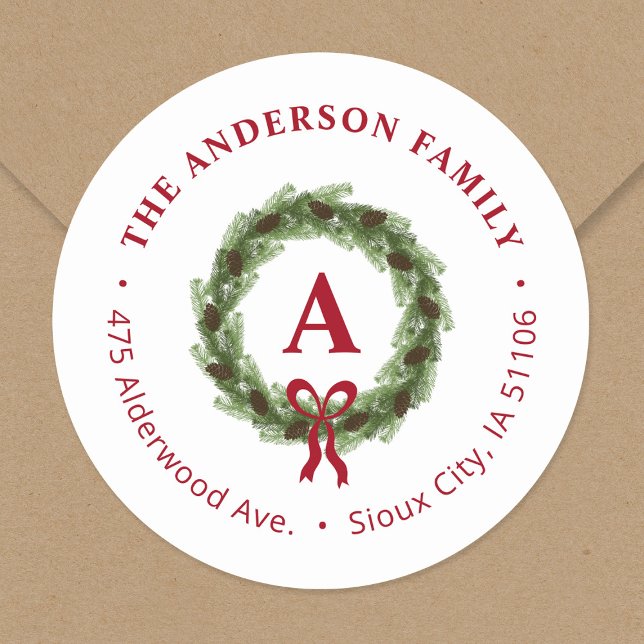 Pine Wreath Monogram Holiday Return Address Classic Round Sticker (Creator Uploaded)