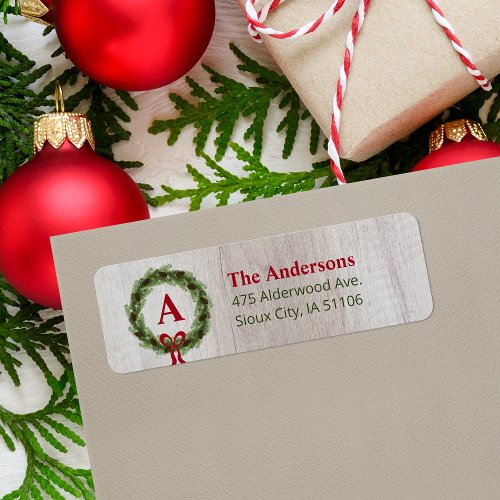 Pine Wreath Monogram Holiday Return Address Label