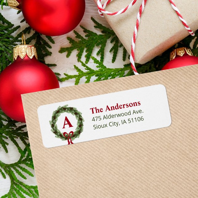 Pine Wreath Monogram Holiday Return Address Label (Creator Uploaded)