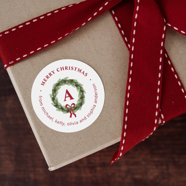 Pine Wreath Monogram Merry Christmas Classic Round Sticker (Creator Uploaded)