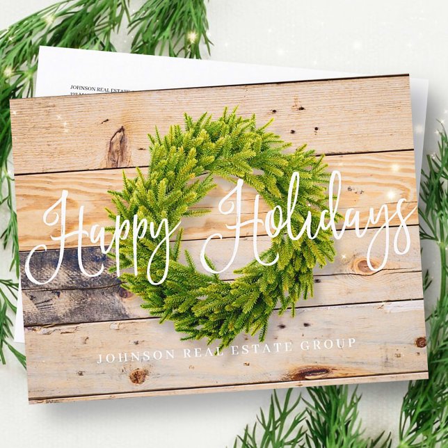 Pine Wreath on Wood | Happy Holidays Greetings Holiday Postcard (Creator Uploaded)