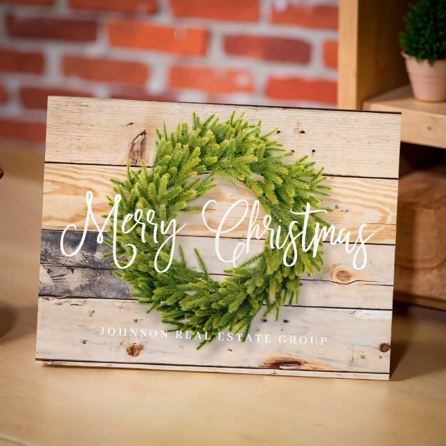 Pine Wreath on Wood | Merry Christmas Greeting Holiday Postcard (Creator Uploaded)