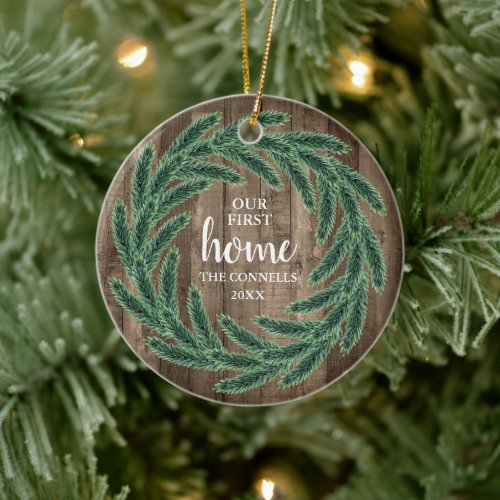 Pine Wreath Personalized Our First Home Keepsake Ceramic Ornament