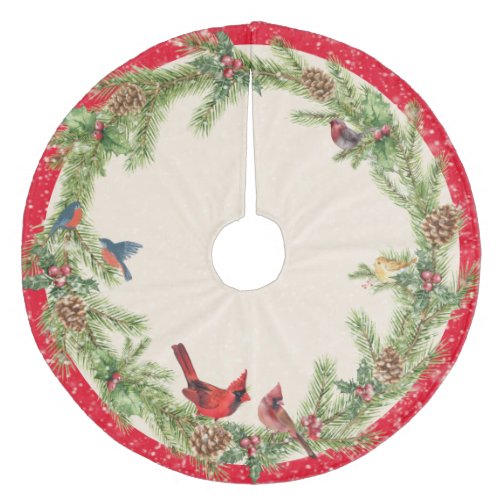 Pine Wreath Pinecones Berries Birds and Snow Fleece Tree Skirt