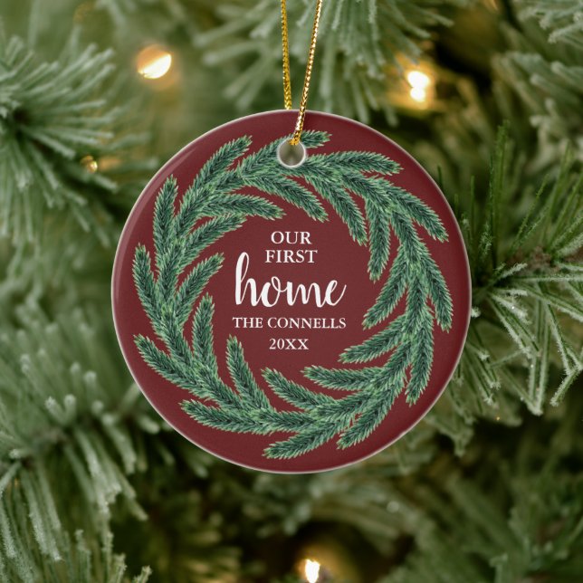 Pine Wreath Red Green Personalized Our First Home Ceramic Ornament (Tree)