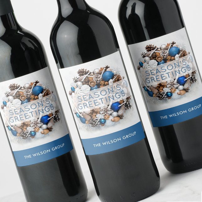 Pine Wreath Season's Greetings Business Gift Wine Label (Season's greetings pine wreath business gift personalized wine bottle labels)
