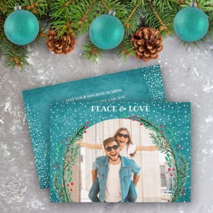 Pine Wreath Turquoise Christmas Photo Holiday Card