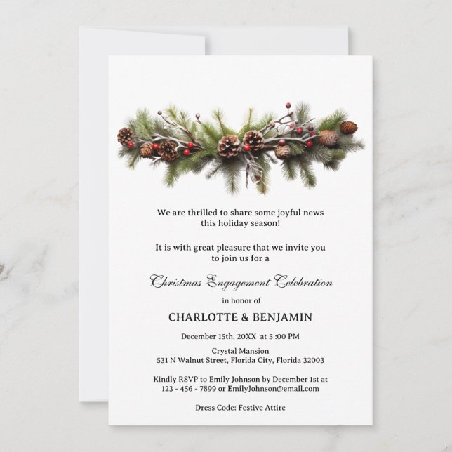 Pine Wreath Winter Christmas Engagement Party Invitation (Front)