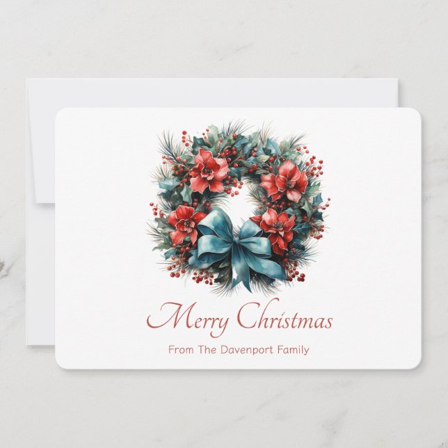 Pine Wreath with Holly Christmas Holiday Card (Front)