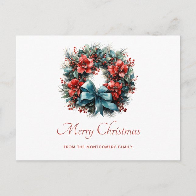 Pine Wreath with Holly Christmas Holiday Postcard (Front)