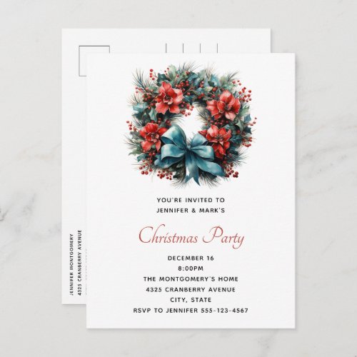 Pine Wreath with Holly Christmas Invitation Postcard