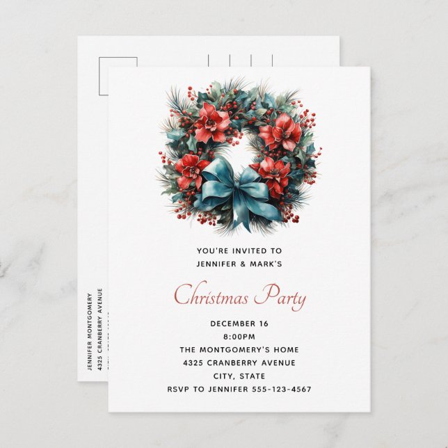 Pine Wreath with Holly Christmas Invitation Postcard (Front/Back)