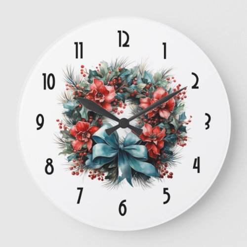 Pine Wreath with Holly Christmas Large Clock
