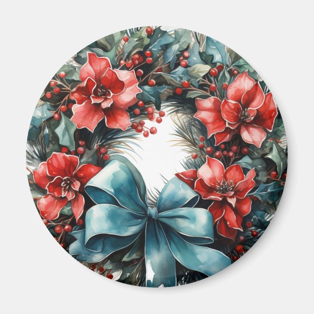 Pine Wreath with Holly Christmas Magnet (Front)