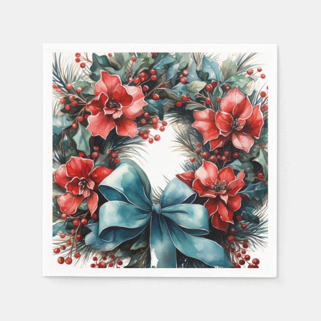 Pine Wreath with Holly Christmas Napkins (Front)