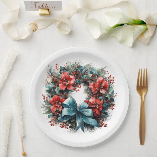 Pine Wreath with Holly Christmas Paper Plates