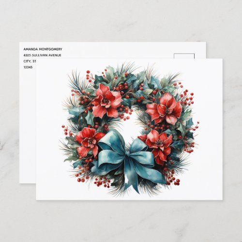 Pine Wreath with Holly Christmas Postcard