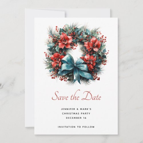 Pine Wreath with Holly Christmas Save The Date