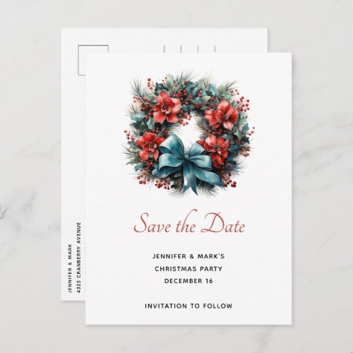 Pine Wreath with Holly Christmas Save the Date Invitation Postcard