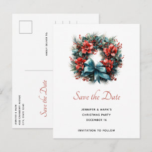 Pine Wreath with Holly Christmas Save the Date Invitation Postcard