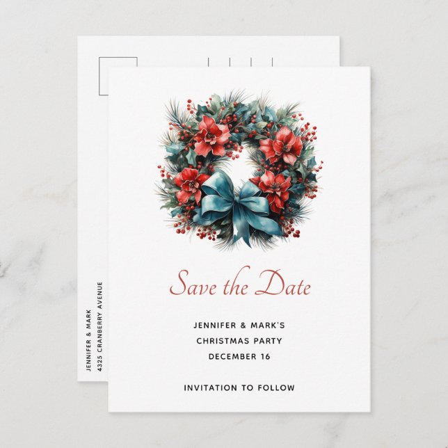 Pine Wreath with Holly Christmas Save the Date Invitation Postcard (Front/Back)