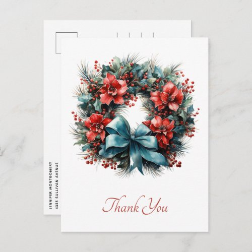 Pine Wreath with Holly Christmas Thank You Postcard