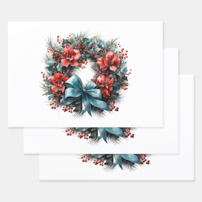 Pine Wreath with Holly Christmas Wrapping Paper Sheets (Set)