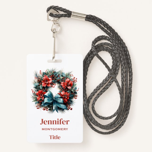  Pine Wreath with Holly Festive Christmas Badge (Front with Lanyard)