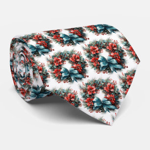 Pine Wreath with Holly Festive Christmas Pattern Neck Tie
