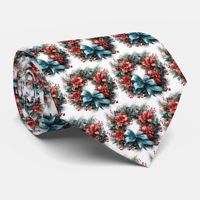 Pine Wreath with Holly Festive Christmas Pattern Neck Tie (Rolled)