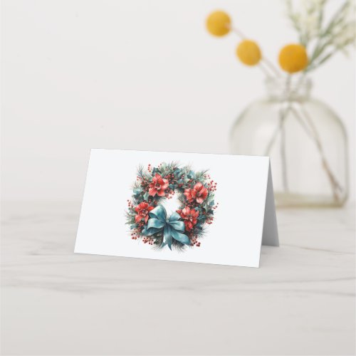Pine Wreath with Holly Festive Christmas Place Card