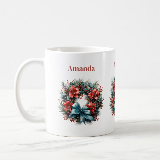 Pine Wreath with Red Flowers and Holly Coffee Mug (Left)
