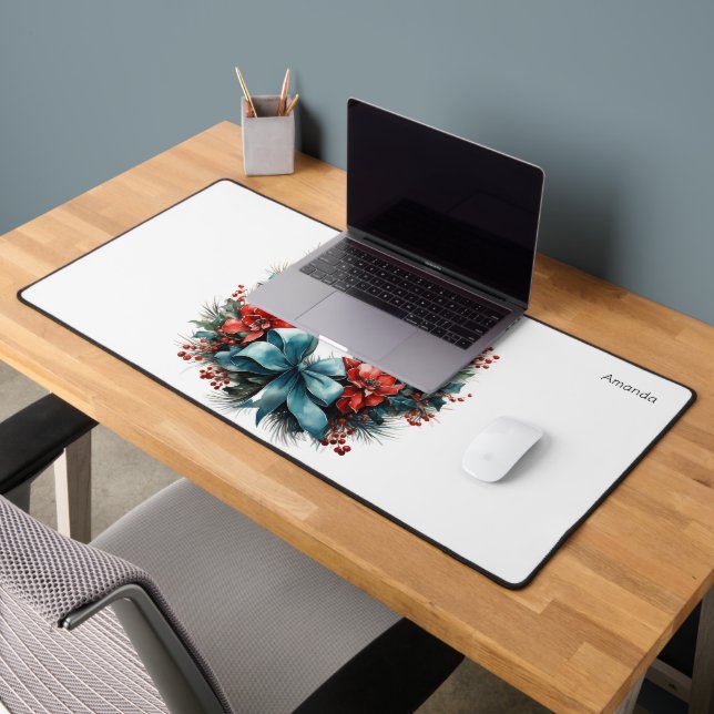Pine Wreath with Red Flowers and Holly Desk Mat (Office 2)