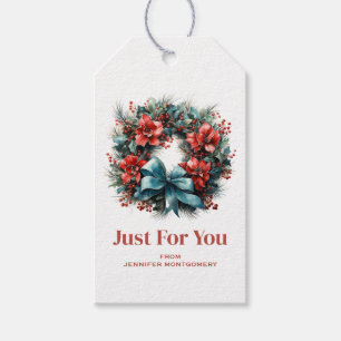 Pine Wreath with Red Flowers and Holly Gift Tags