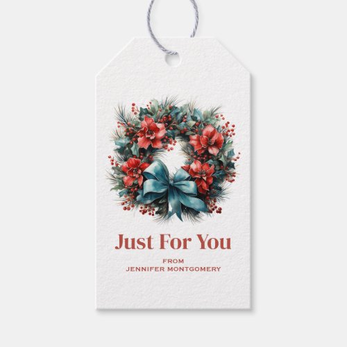  Pine Wreath with Red Flowers and Holly Gift Tags