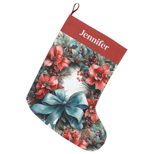 Pine Wreath with Red Flowers and Holly Large Christmas Stocking