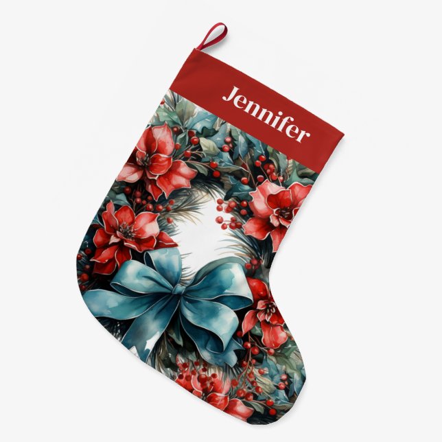 Pine Wreath with Red Flowers and Holly Large Christmas Stocking (Front (Hanging))