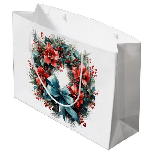 Pine Wreath with Red Flowers and Holly Large Gift Bag