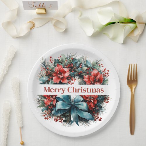 Pine Wreath with Red Flowers and Holly Paper Plates