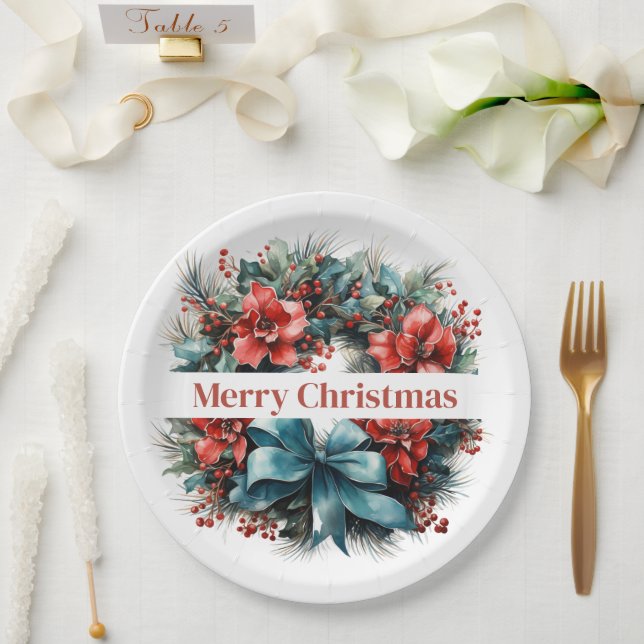 Pine Wreath with Red Flowers and Holly Paper Plates (Wedding)
