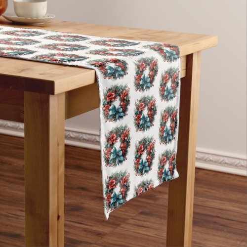 Pine Wreath with Red Flowers and Holly Pattern Medium Table Runner