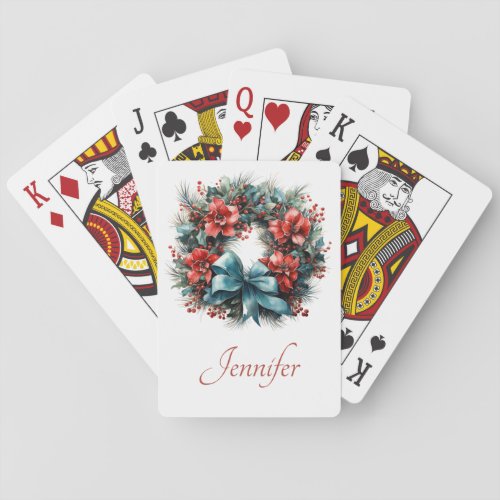 Pine Wreath with Red Flowers and Holly Poker Cards