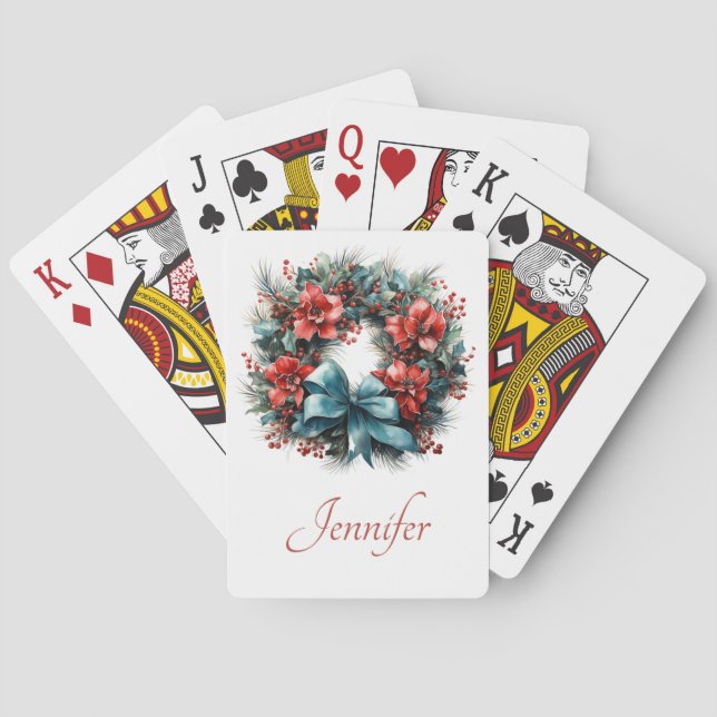 Pine Wreath with Red Flowers and Holly Poker Cards (Back)