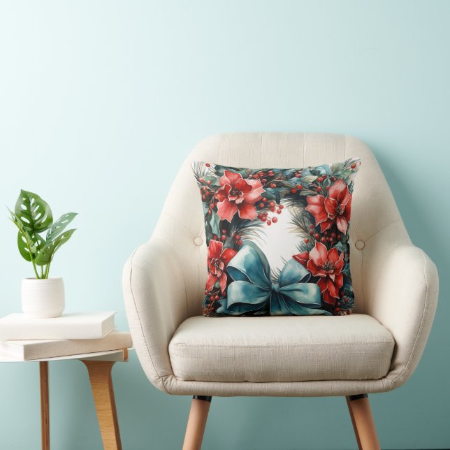 Pine Wreath with Red Flowers and Holly Throw Pillow (Chair)